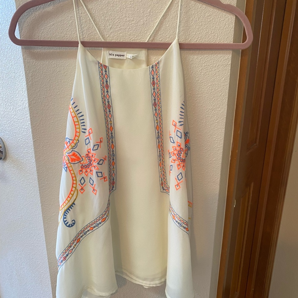 Blu Pepper Ivory Spaghetti Strap Camisole with Orange & Blue Embroidery